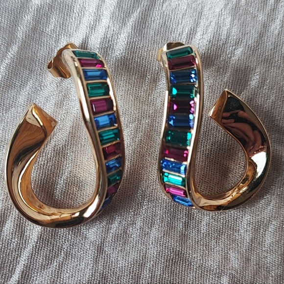 Swarovski Signed Baguette Multi Color Rhinestone Curled Gold Tone Hoop Earrings - Picture 1 of 12